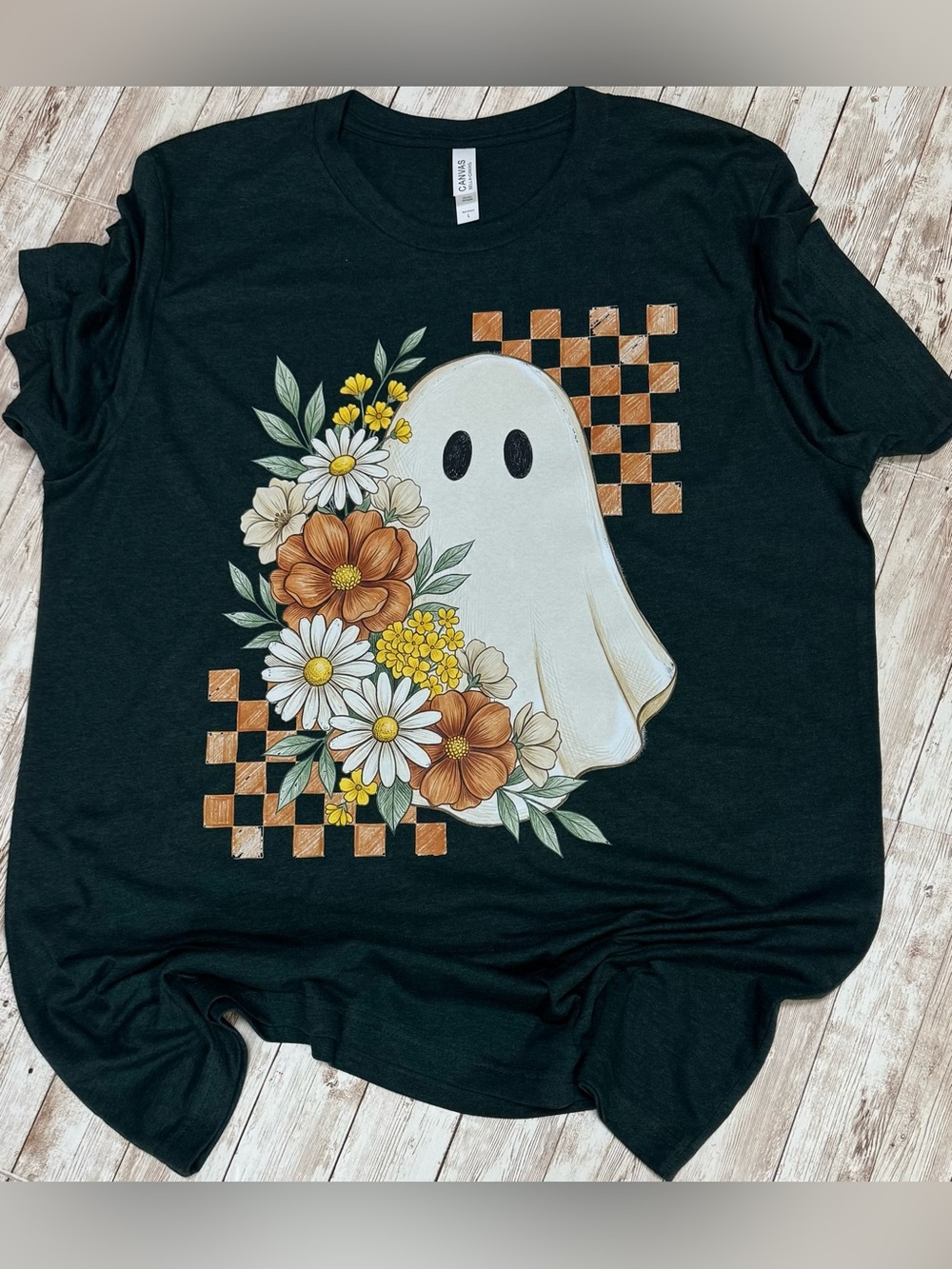 Dark Emerald Green Tee Shirt with Ghost Floral Checkered Design XL